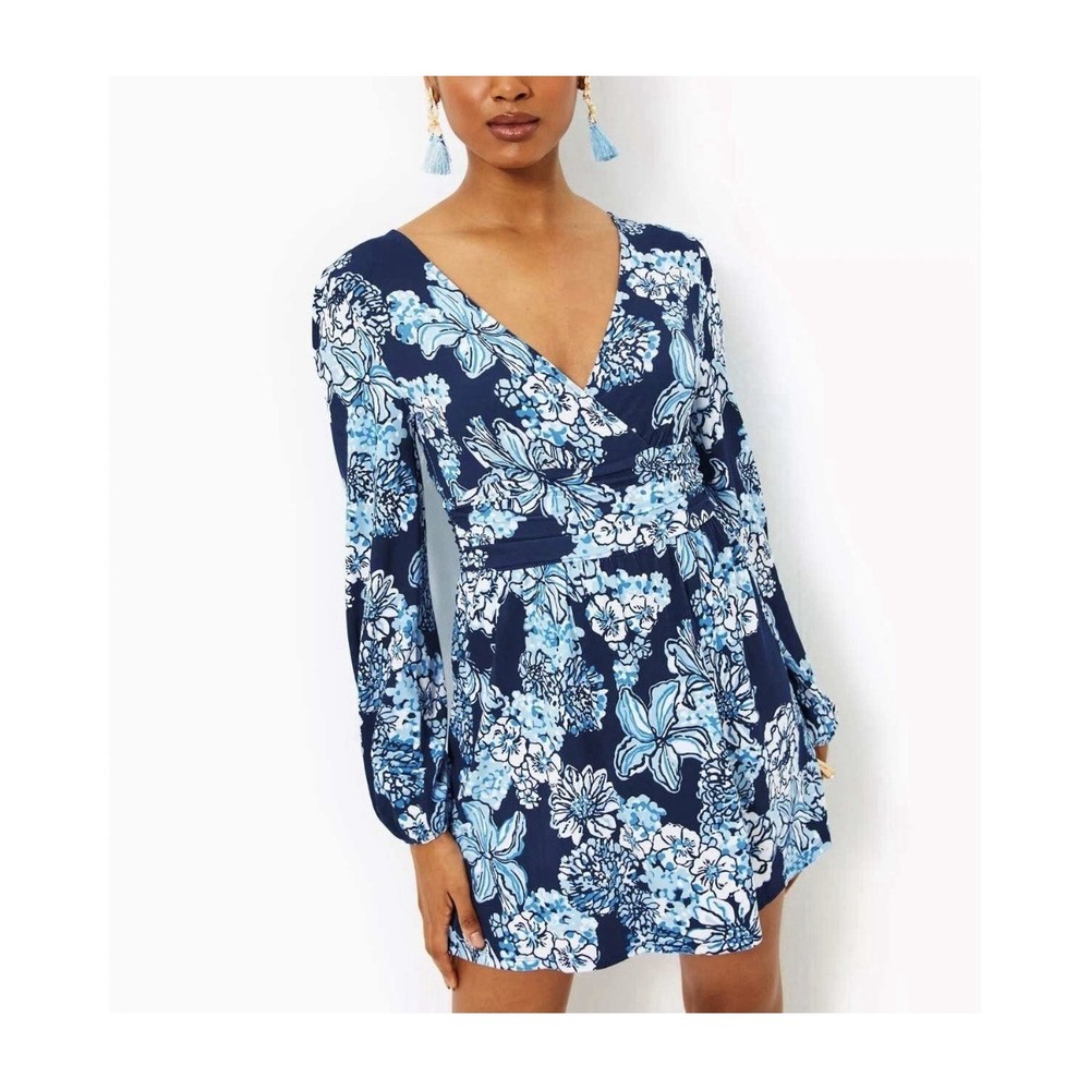 Lilly Pulitzer Riza Long Sleeve Romper Low Tide Navy Bouquet All Day Medium